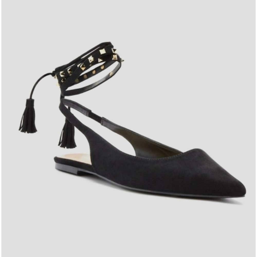 JustFab Black Pointed Toe Ankle Tie Flats with Gold Stud Detail